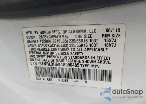 2010 Honda Odyssey Ex-L из США, поврежденный, VIN 5FNRL3H69AB090485